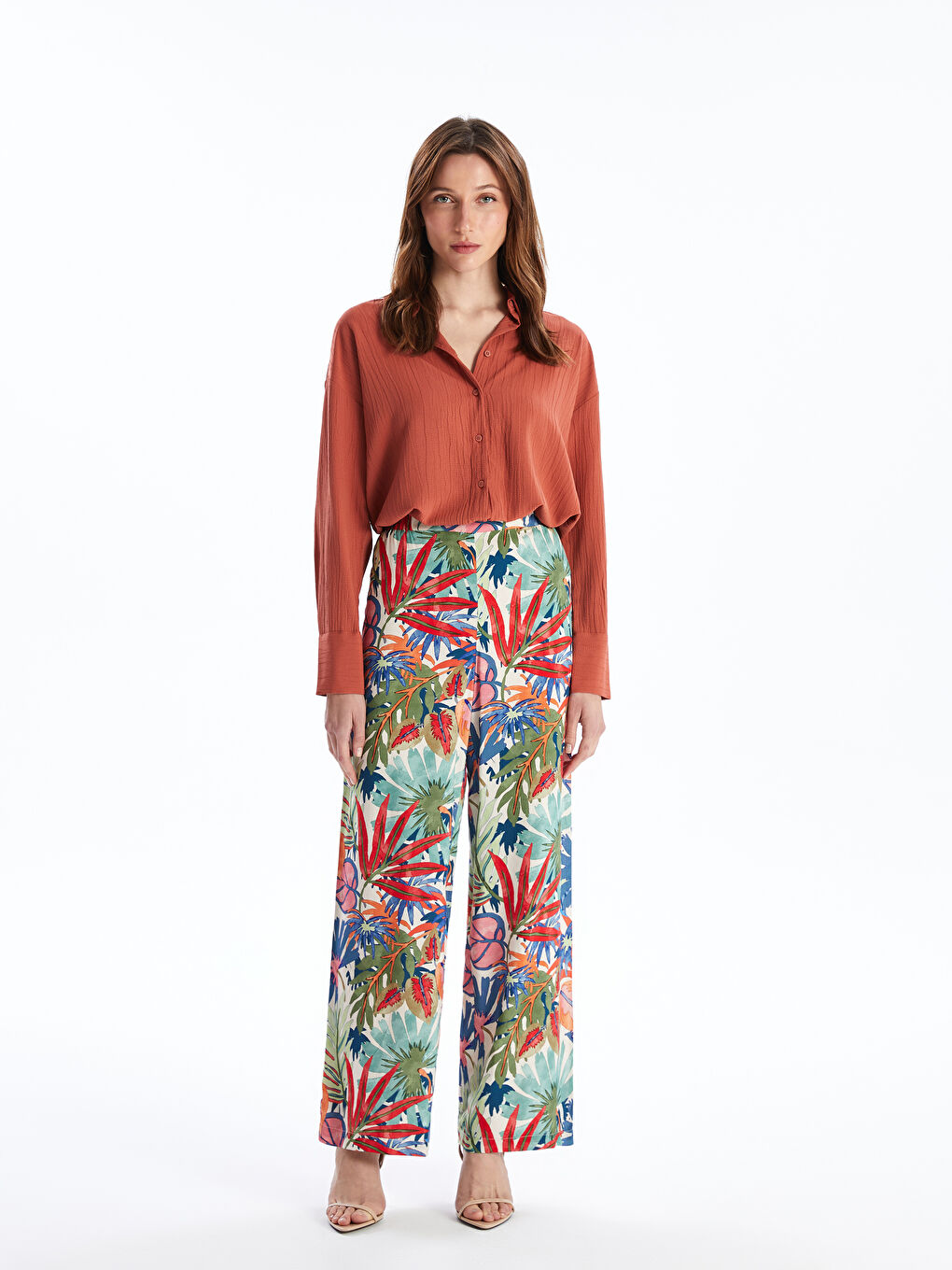 Elasticated Waist Patterned Women's Palazzo Trousers -S4J600Z8-LT9