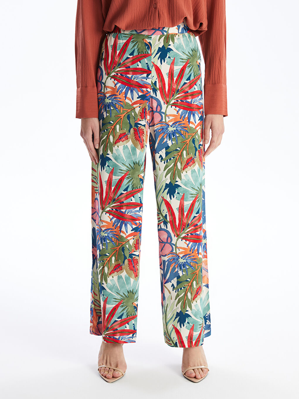Elasticated Waist Patterned Women's Palazzo Trousers -S4J600Z8-LT9
