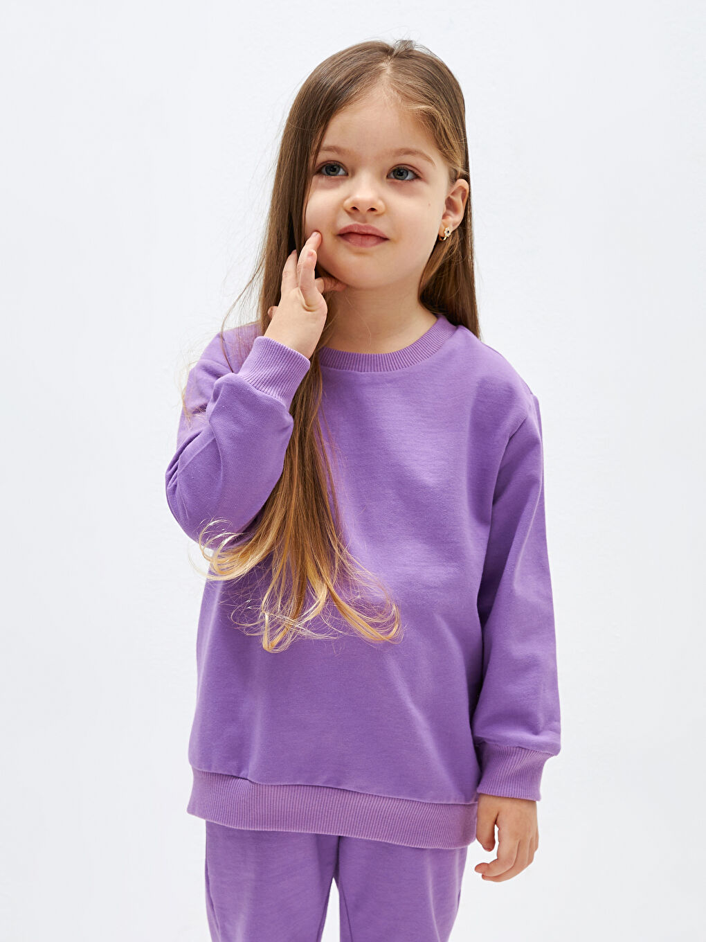 Mor Bisiklet Yaka Uzun Kollu Basic Kız Bebek Sweatshirt ve Eşofman Altı 2'li Takım-1