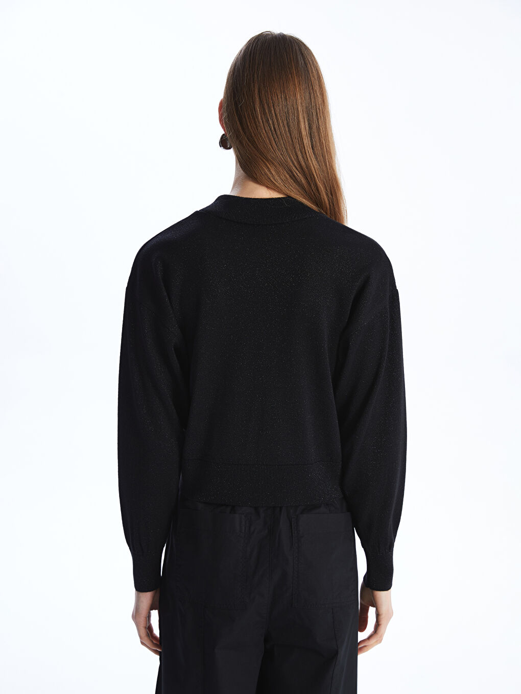 Siyah Bisiklet Yaka Parlak Görünümlü Uzun Kollu Kadın Fermuarlı Sweatshirt-4