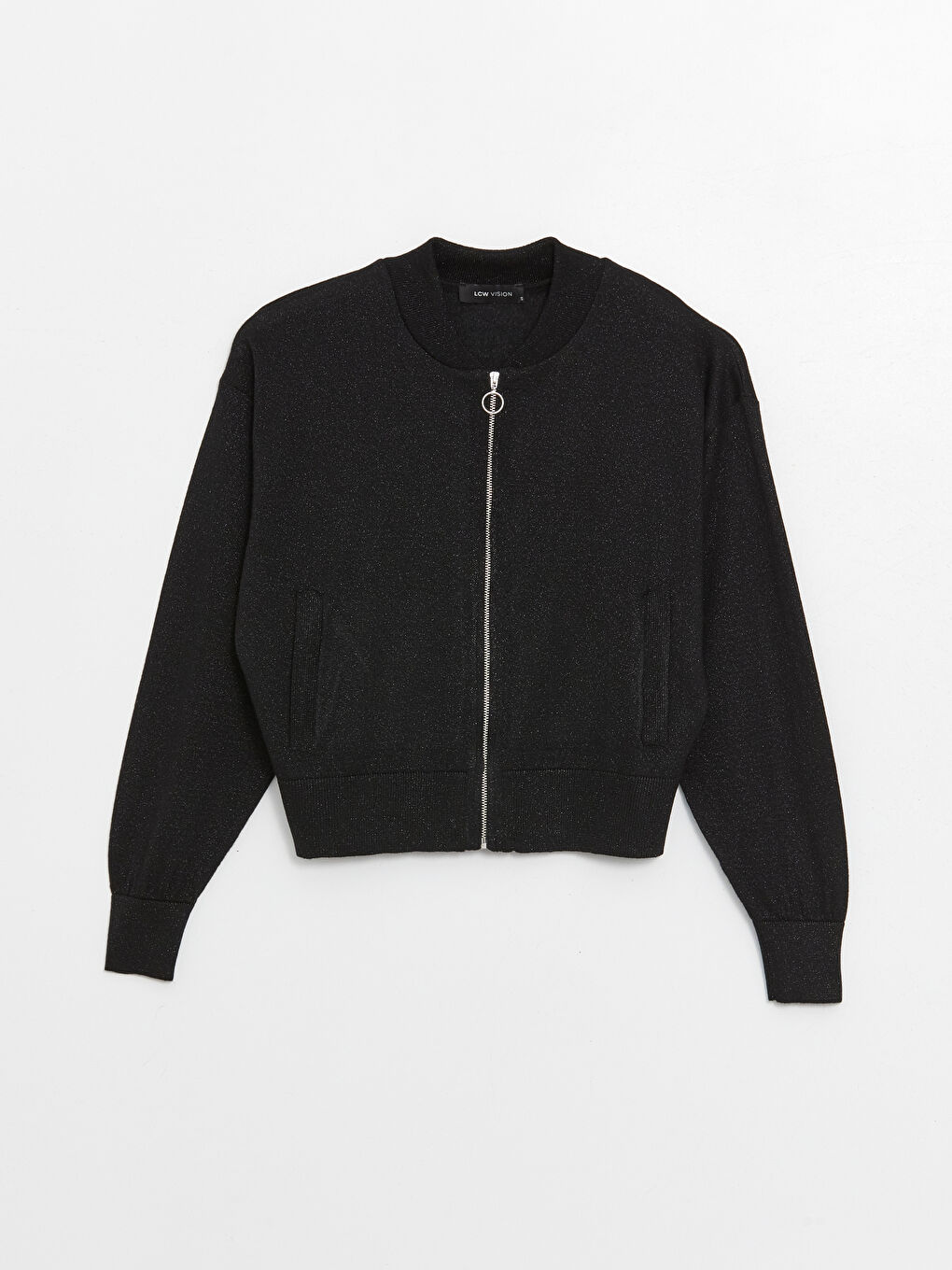 Siyah Bisiklet Yaka Parlak Görünümlü Uzun Kollu Kadın Fermuarlı Sweatshirt-5