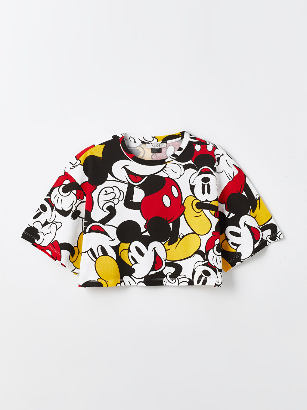 XSIDE Ekru Bisiklet Yaka Mickey Mouse Baskılı Kısa Kollu Kadın Crop - 5