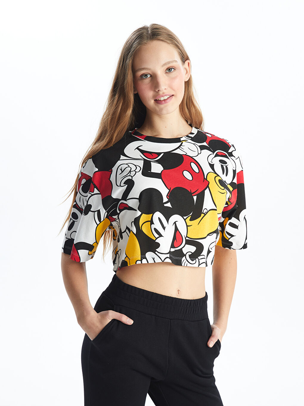 XSIDE Ekru Bisiklet Yaka Mickey Mouse Baskılı Kısa Kollu Kadın Crop - 1