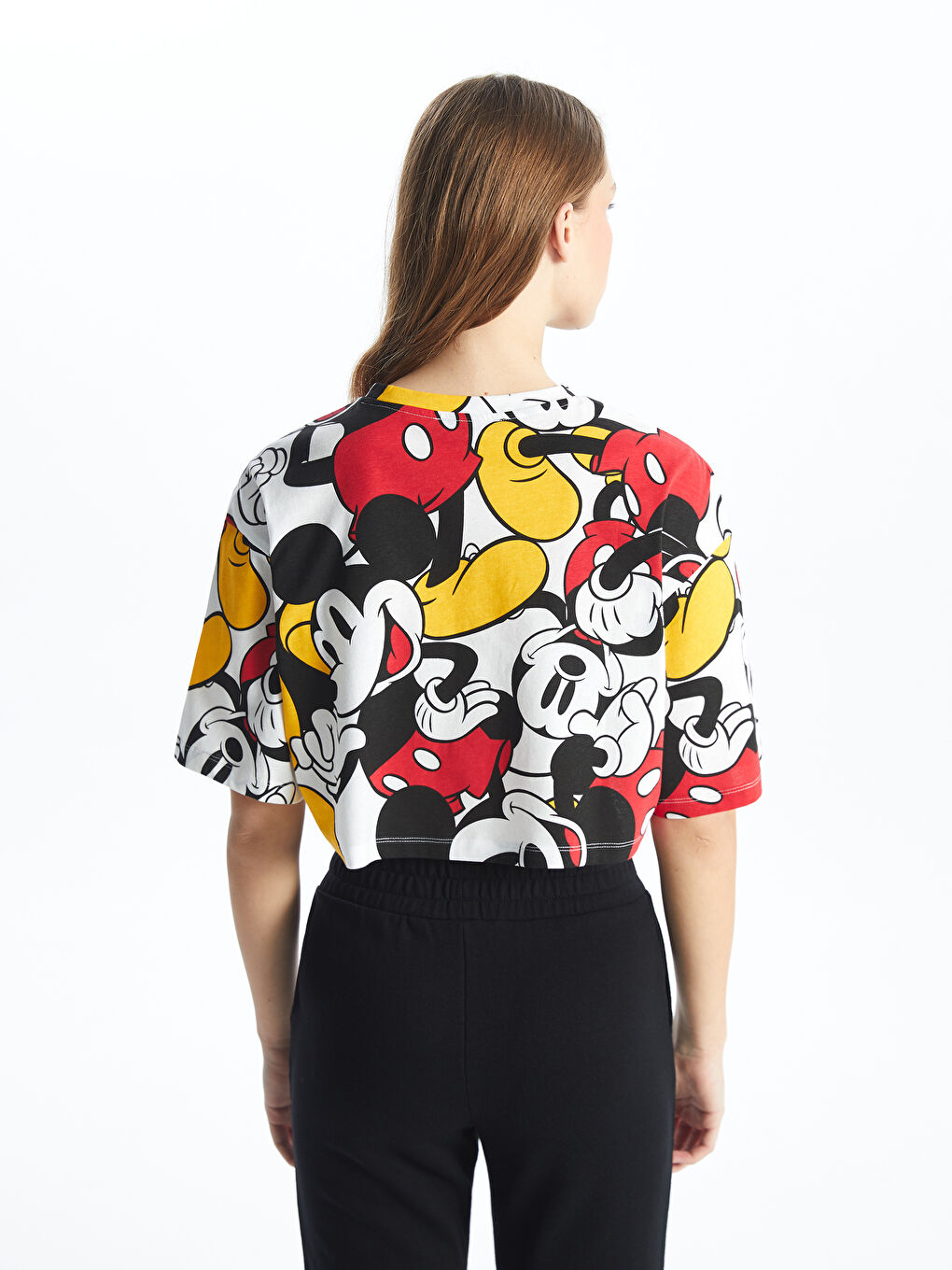 XSIDE Ekru Bisiklet Yaka Mickey Mouse Baskılı Kısa Kollu Kadın Crop - 4