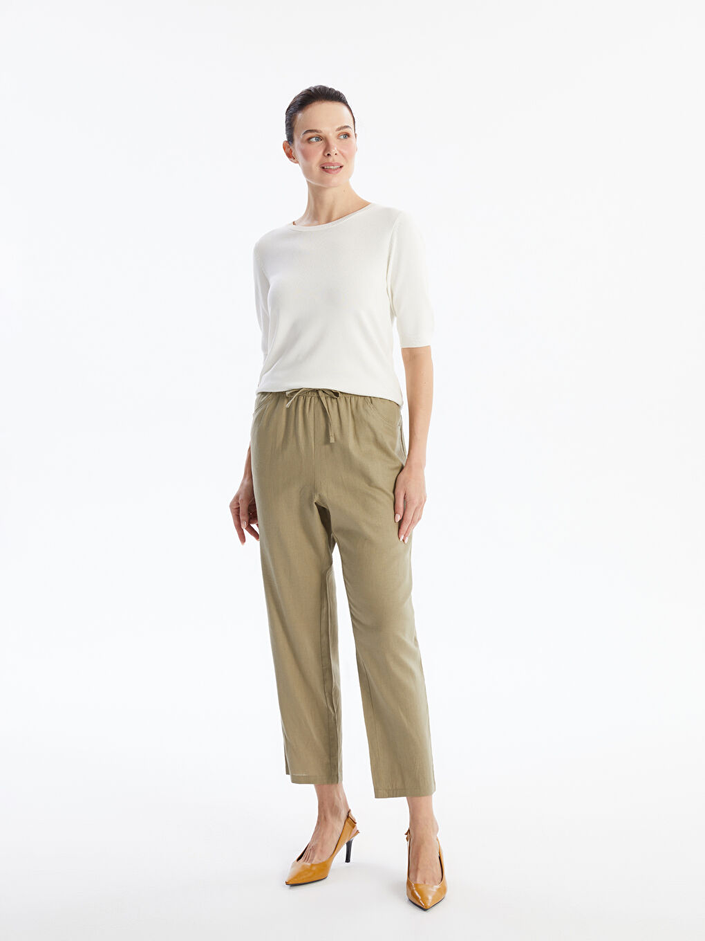 Elasticated Waist Plain Linen Blend Women's Trousers -S4J736Z8-VEY