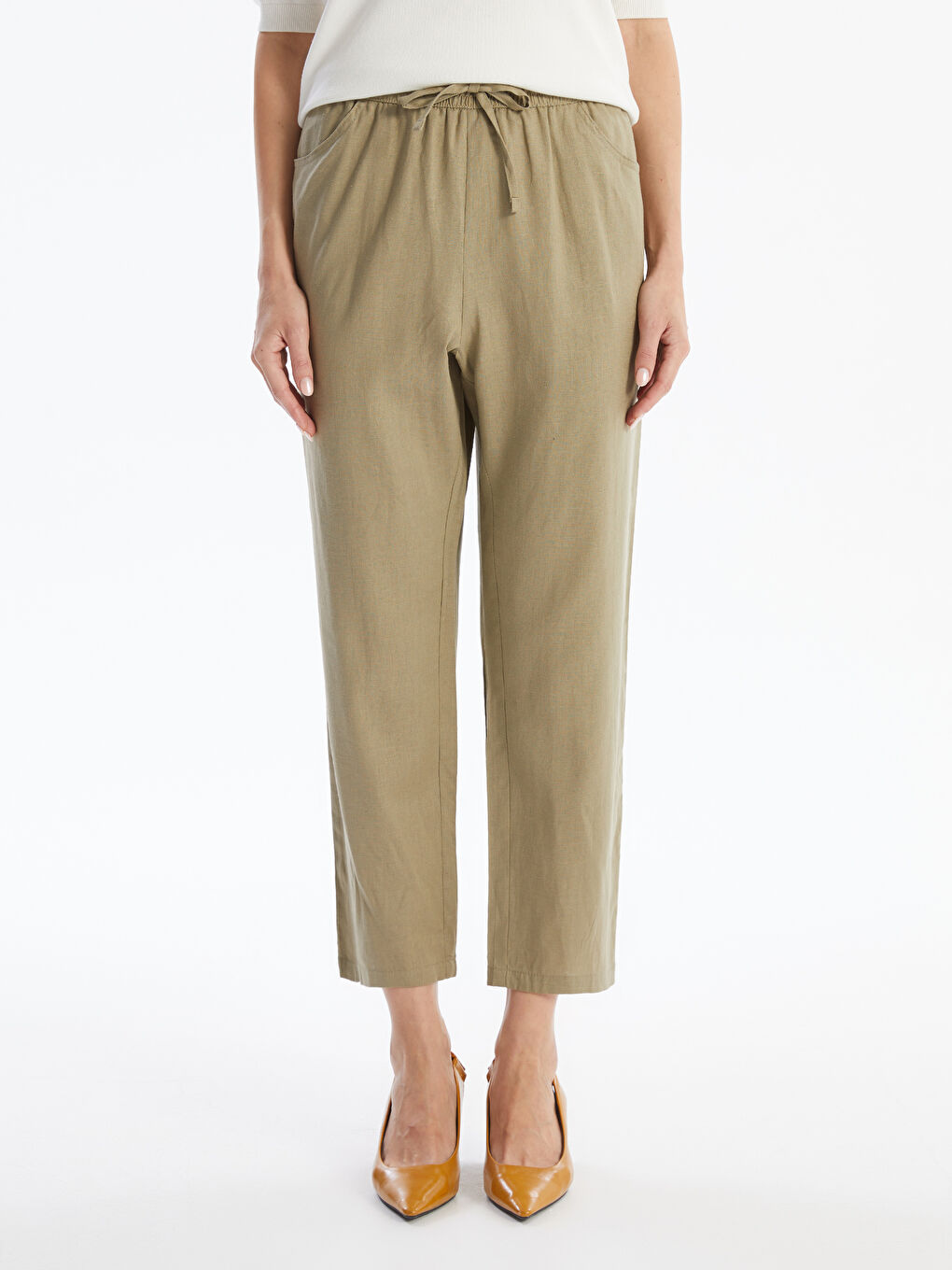 Elasticated Waist Plain Linen Blend Women's Trousers -S4J736Z8-VEY
