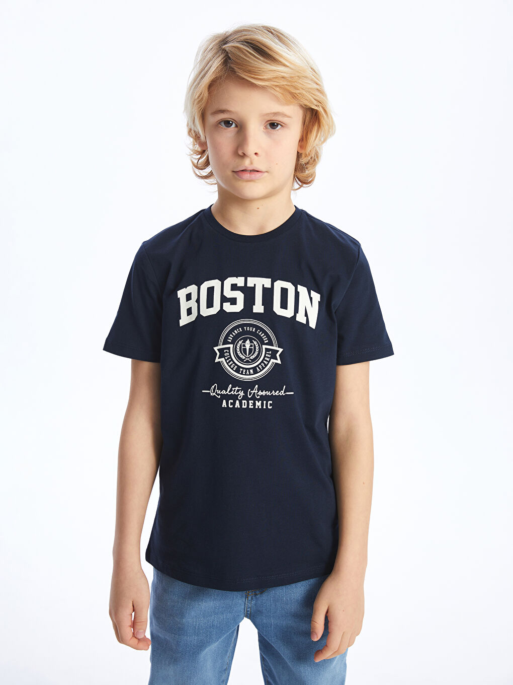 Lacivert Bisiklet Yaka Baskılı Kısa Kollu Erkek Çocuk Tişört-2