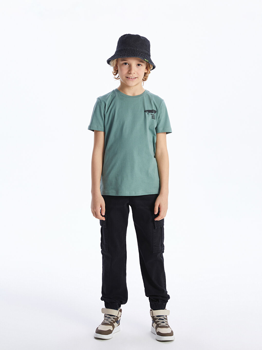 Yeşil Bisiklet Yaka Baskılı Kısa Kollu Erkek Çocuk Tişört-1