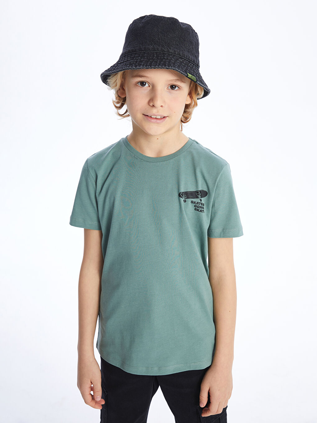 Yeşil Bisiklet Yaka Baskılı Kısa Kollu Erkek Çocuk Tişört-2