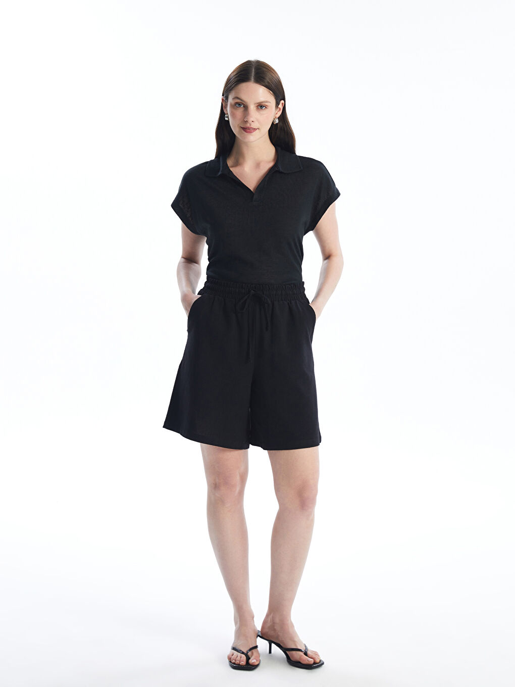 Plain Linen Blend Women's Shorts with Elastic Waist -S4J804Z8-CVL