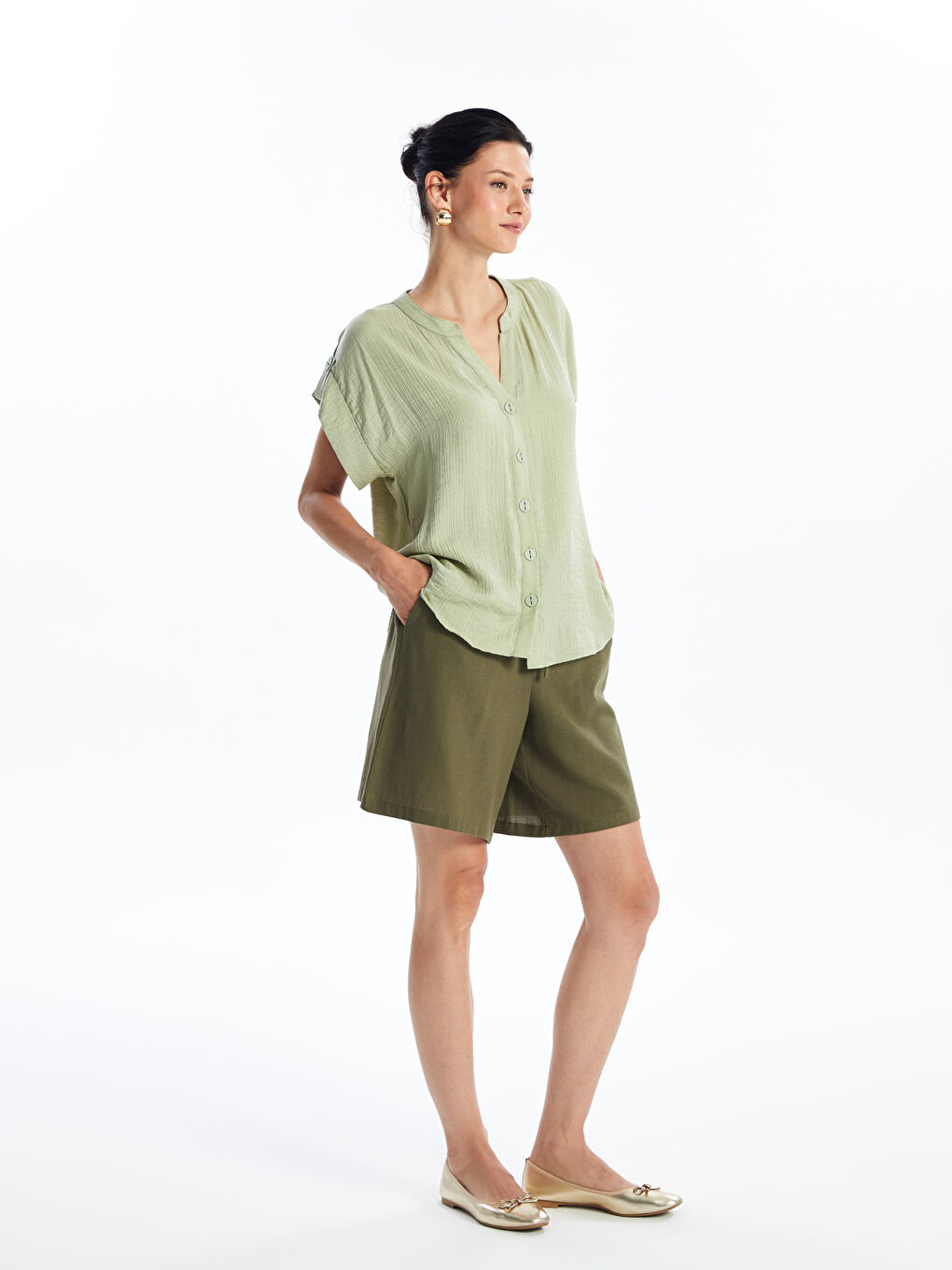 Plain Linen Blend Women's Shorts with Elastic Waist -S4J804Z8-HDQ