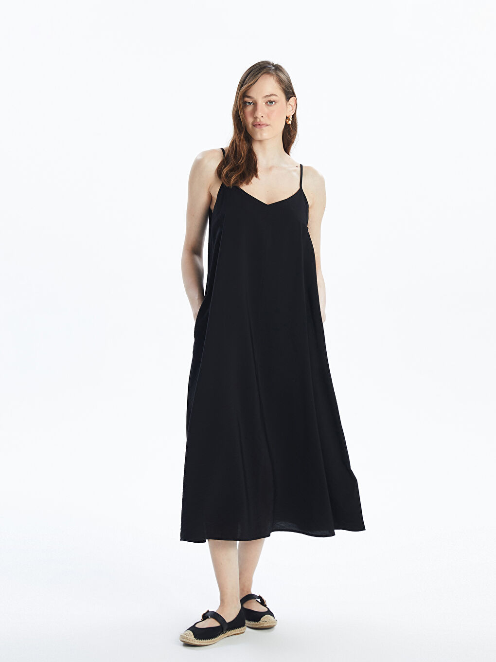 V Neck Plain Strappy A Form Women's Dress -S4J821Z8-CVL