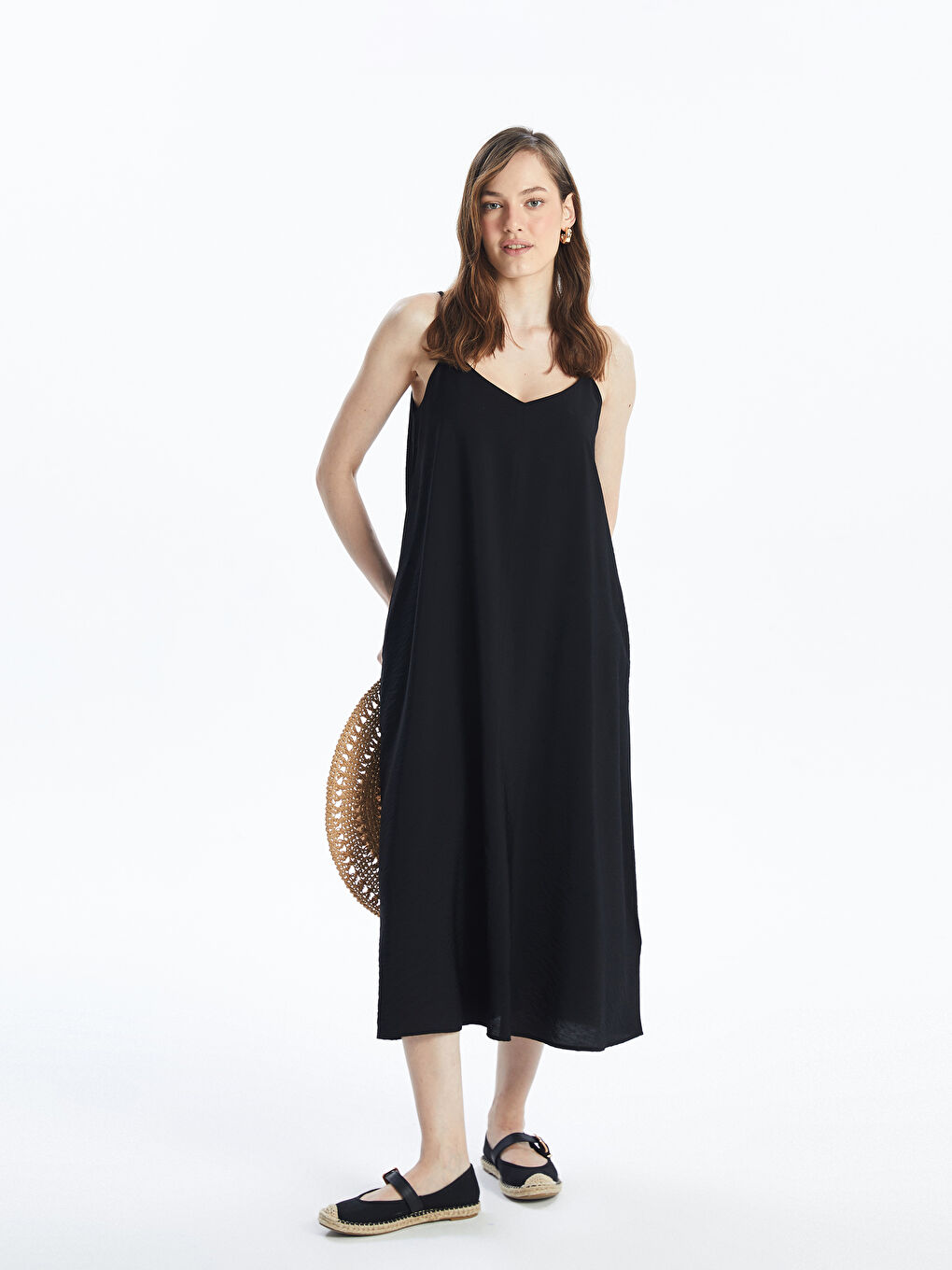 V Neck Plain Strappy A Form Women's Dress -S4J821Z8-CVL