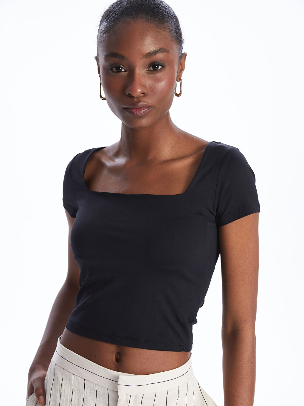 Square Collar Straight Short Sleeve Women's Crop -S4J834Z8-CVL