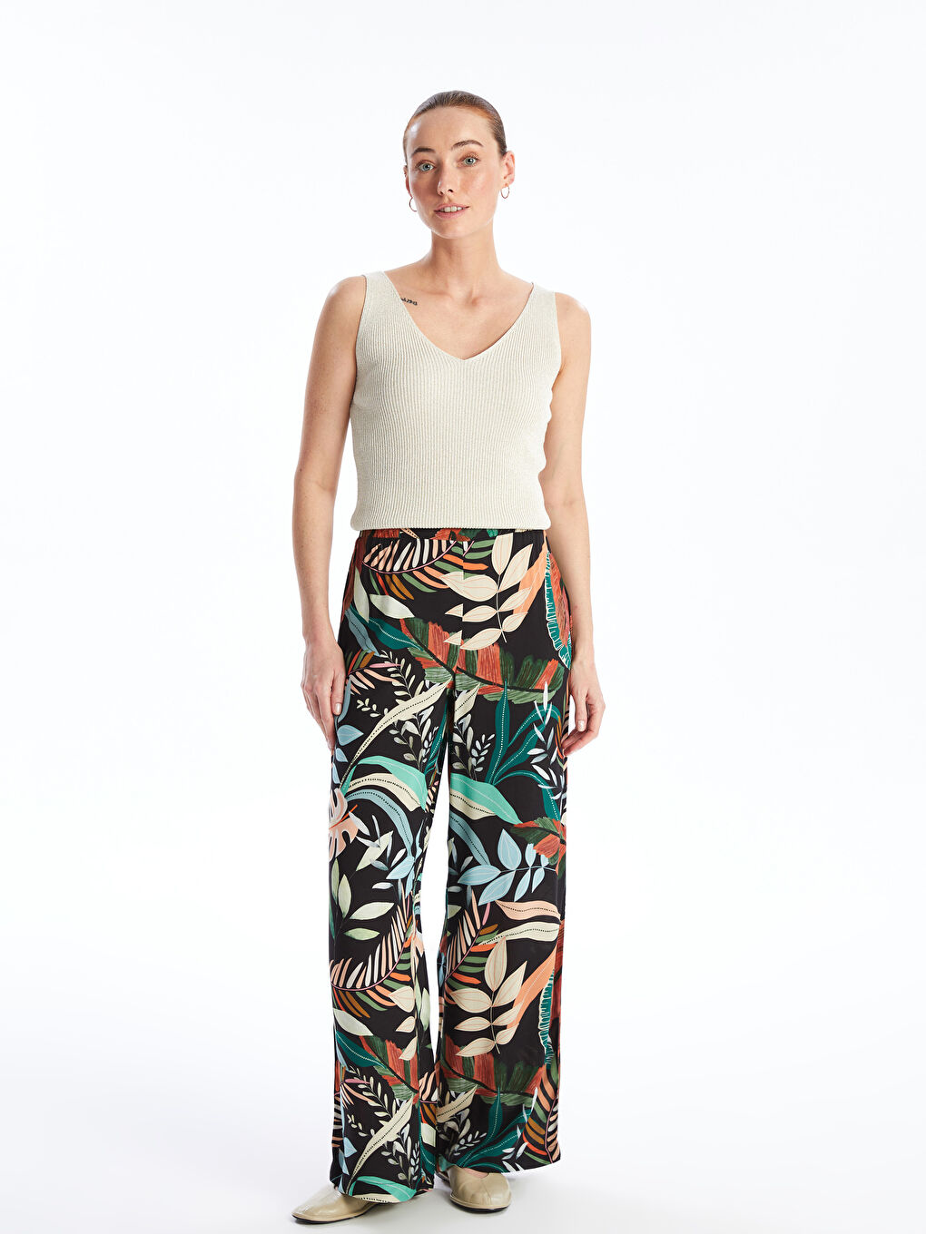 Elasticated Waist Relaxed Fit Patterned Women's Trousers -S4J839Z8-LS6