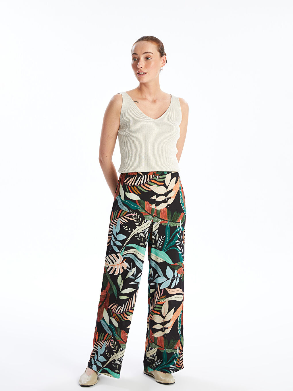 Elasticated Waist Relaxed Fit Patterned Women's Trousers -S4J839Z8-LS6