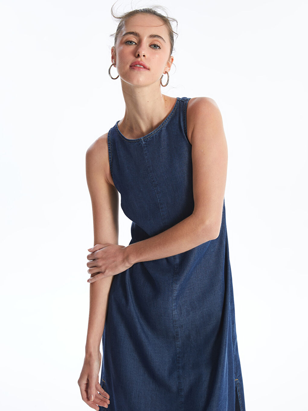 İndigo Bisiklet Yaka Kadın Jean Elbise-3