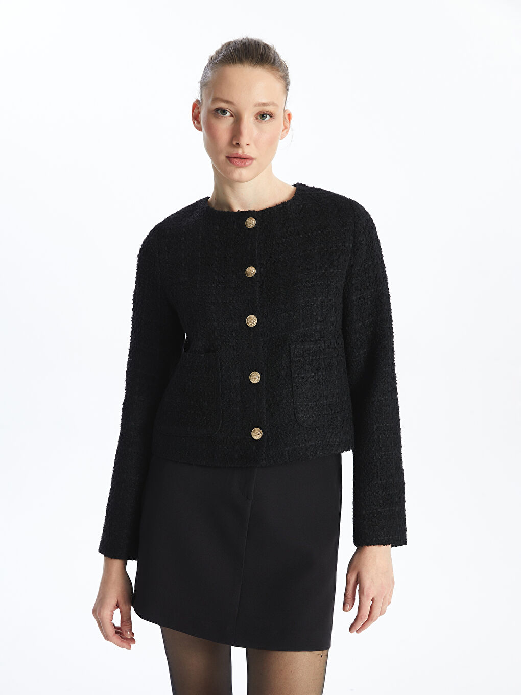 Crew Neck Plain Long Sleeve Women's Tweed Jacket -S4J951Z8-CVL