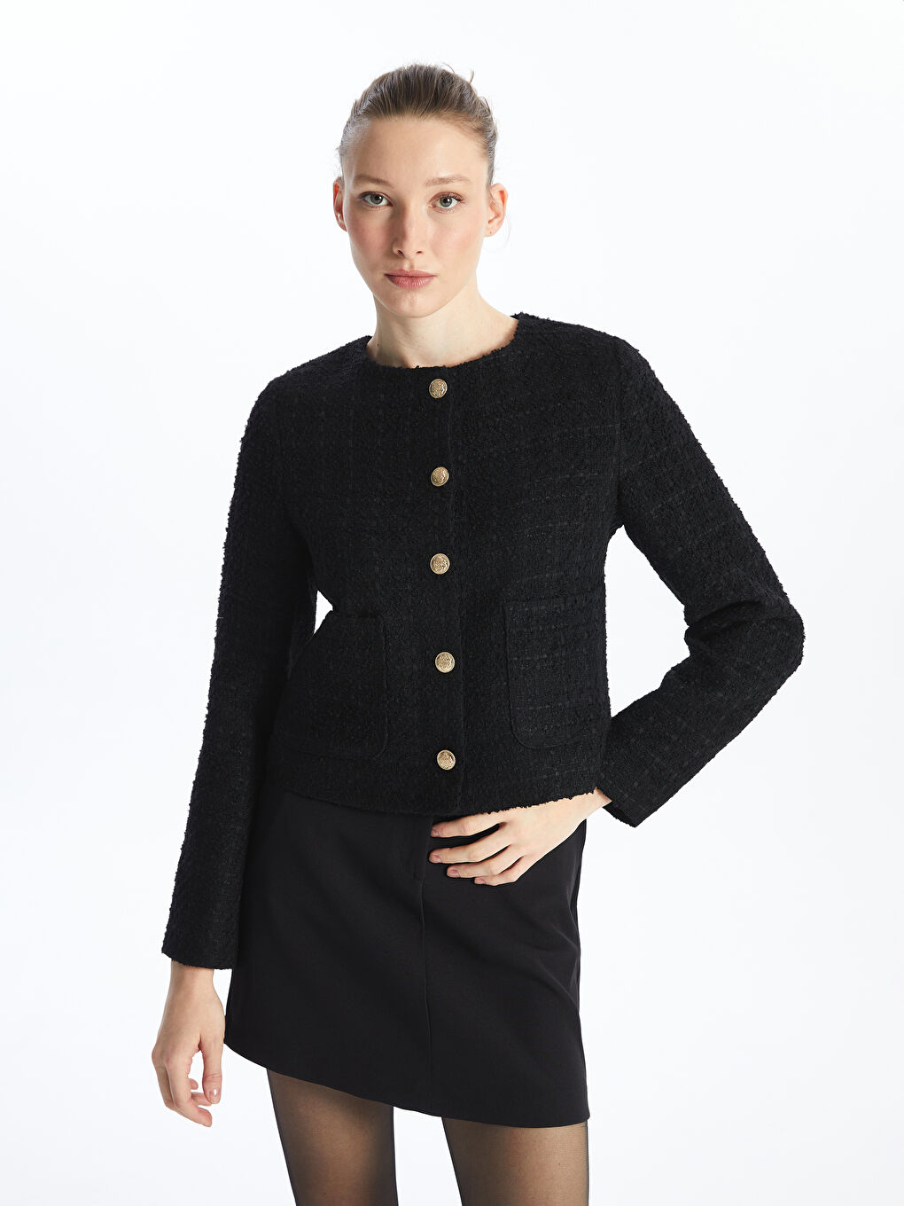 Crew Neck Plain Long Sleeve Women's Tweed Jacket -S4J951Z8-CVL