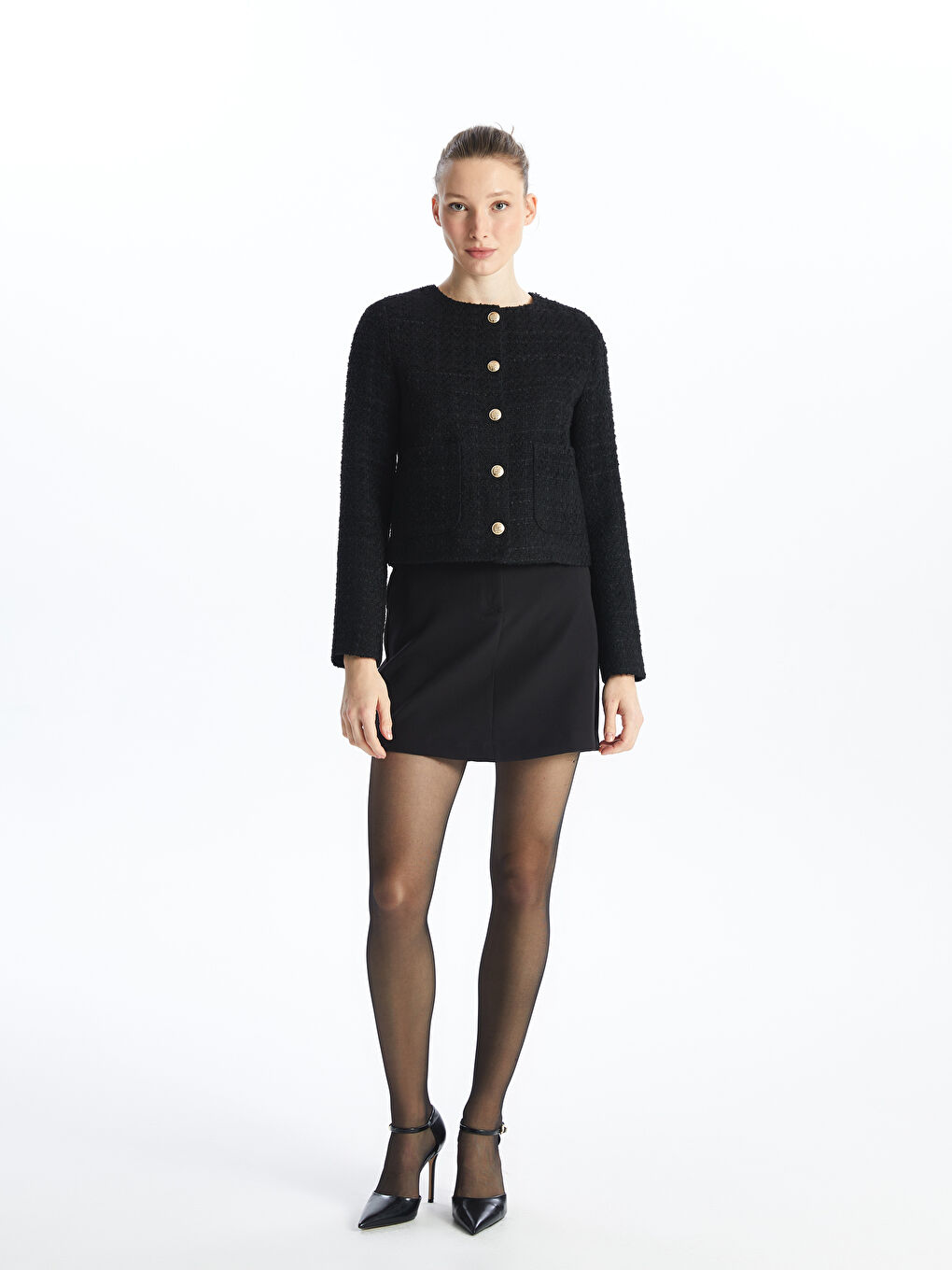 Crew Neck Plain Long Sleeve Women's Tweed Jacket -S4J951Z8-CVL