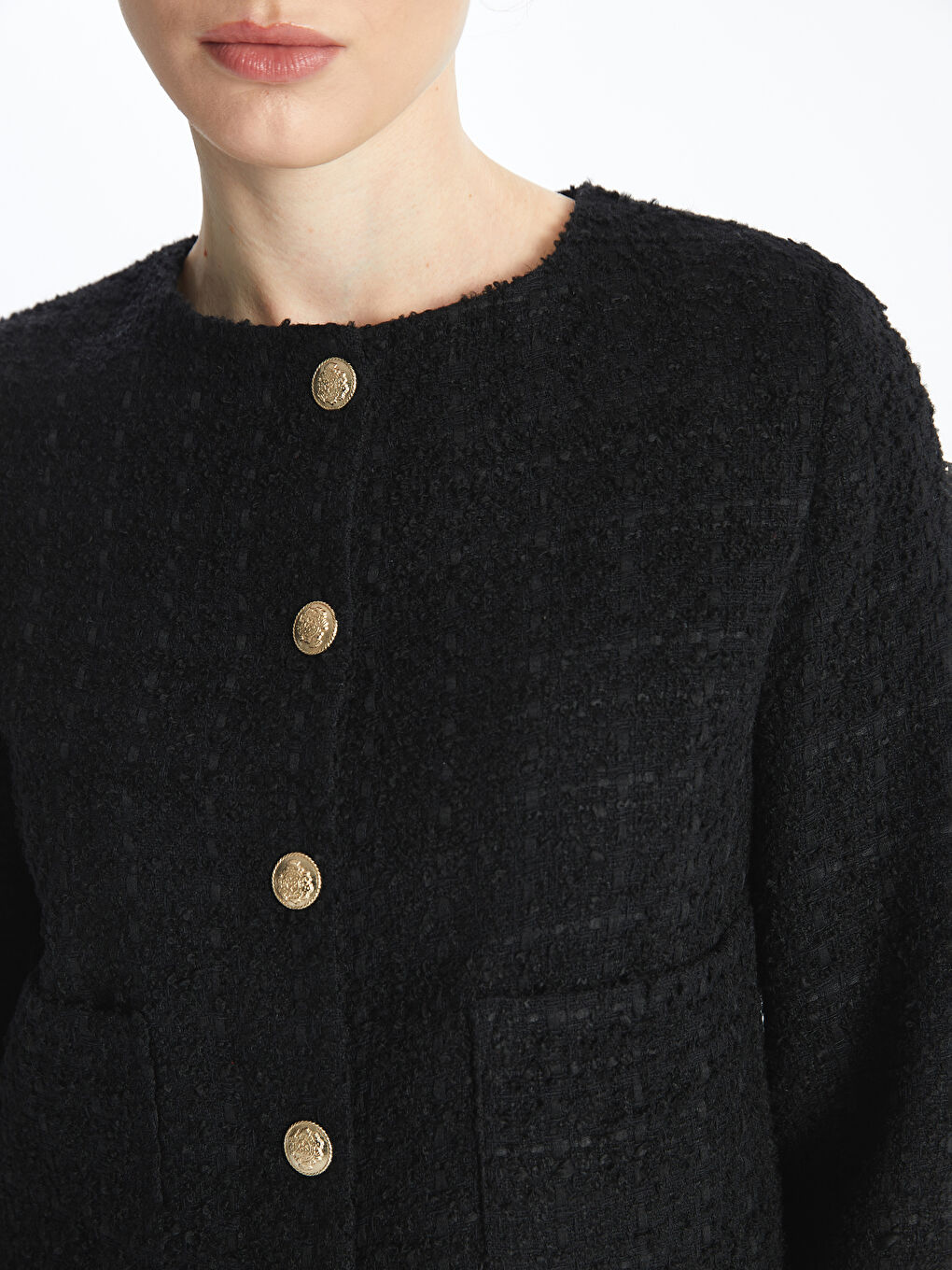 Crew Neck Plain Long Sleeve Women's Tweed Jacket -S4J951Z8-CVL
