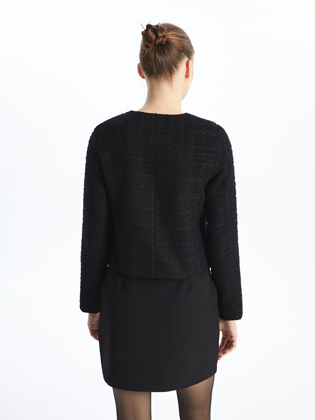 Crew Neck Plain Long Sleeve Women's Tweed Jacket -S4J951Z8-CVL
