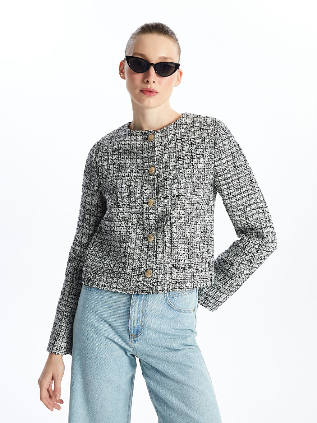 Crew Neck Plain Long Sleeve Women's Tweed Jacket -S4J951Z8-HUC