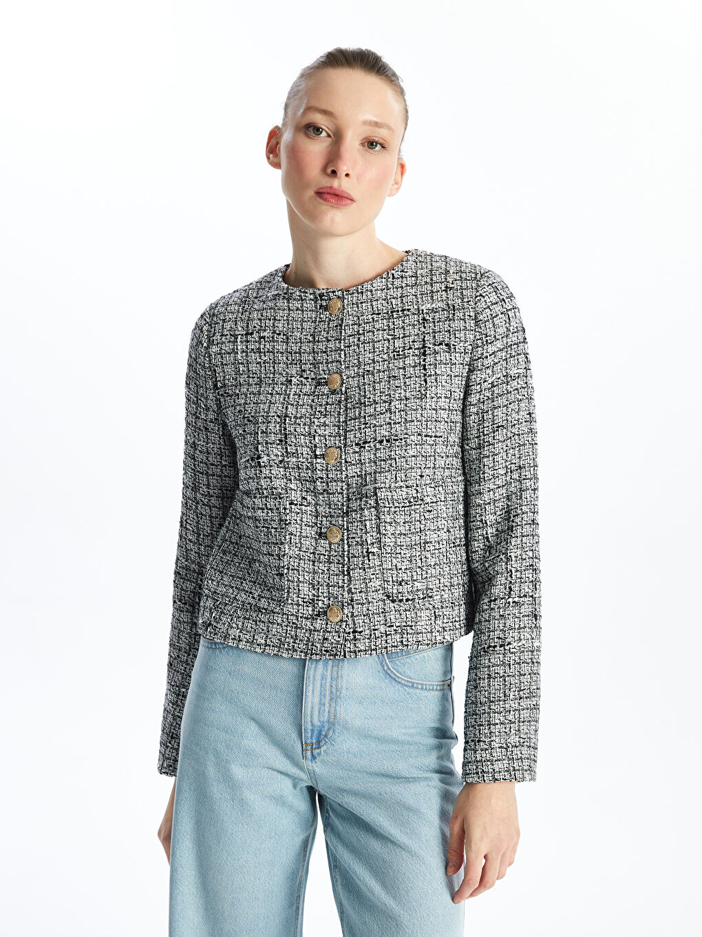 Crew Neck Plain Long Sleeve Women's Tweed Jacket -S4J951Z8-HUC