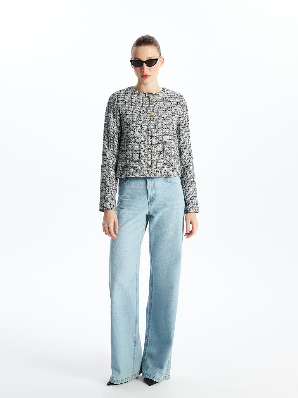 Crew Neck Plain Long Sleeve Women's Tweed Jacket -S4J951Z8-HUC