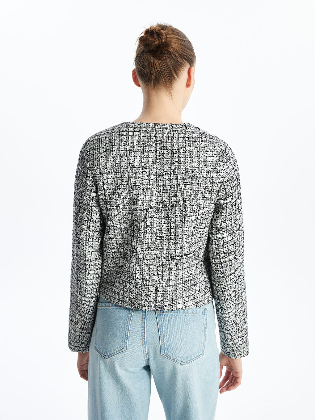 Crew Neck Plain Long Sleeve Women's Tweed Jacket -S4J951Z8-HUC