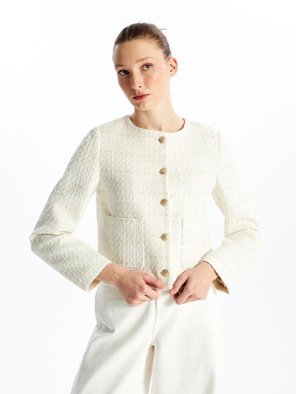 Ekru Bisiklet Yaka Düz Uzun Kollu Kadın Tüvit Ceket-1