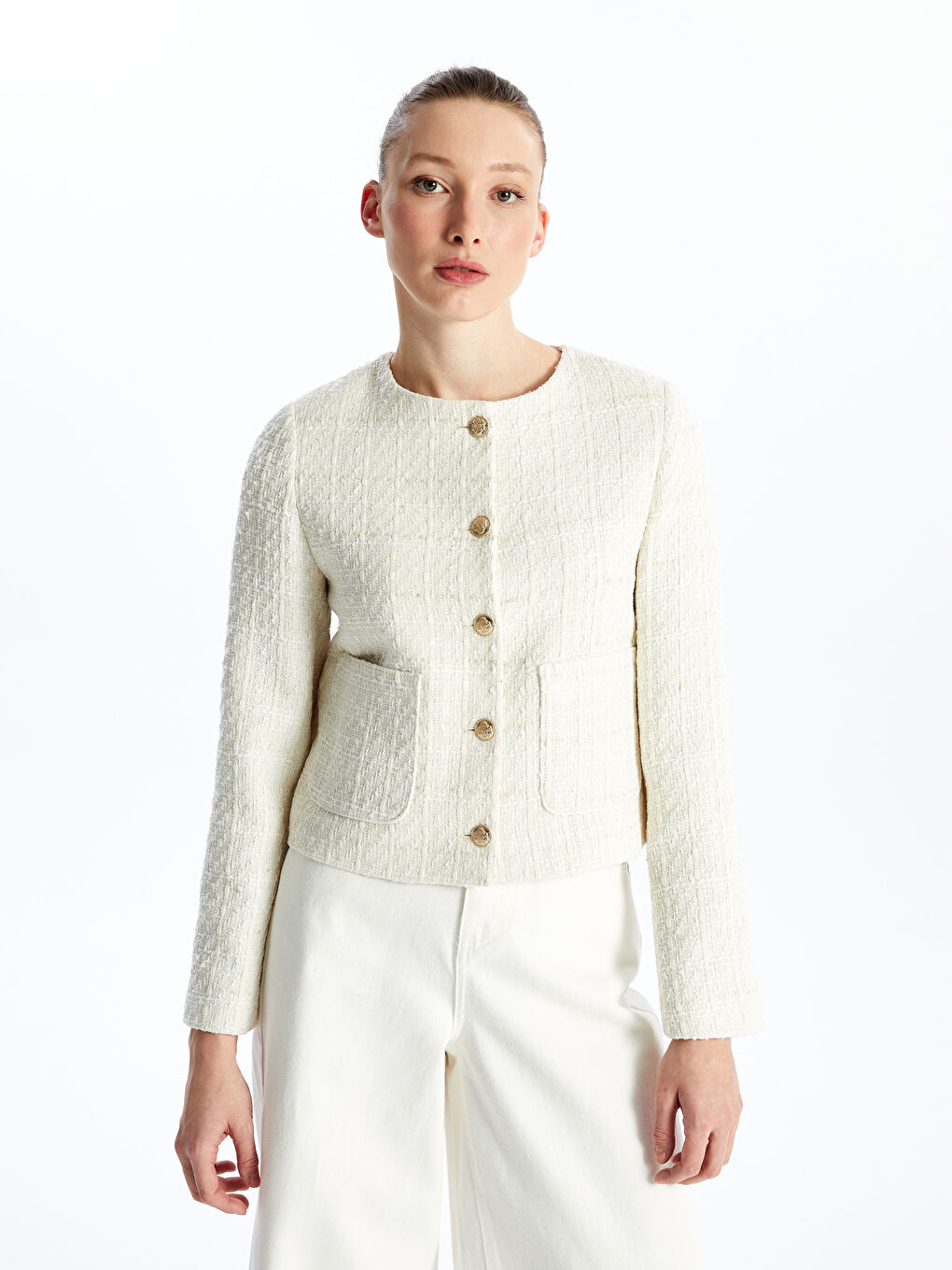 Ekru Bisiklet Yaka Düz Uzun Kollu Kadın Tüvit Ceket-2