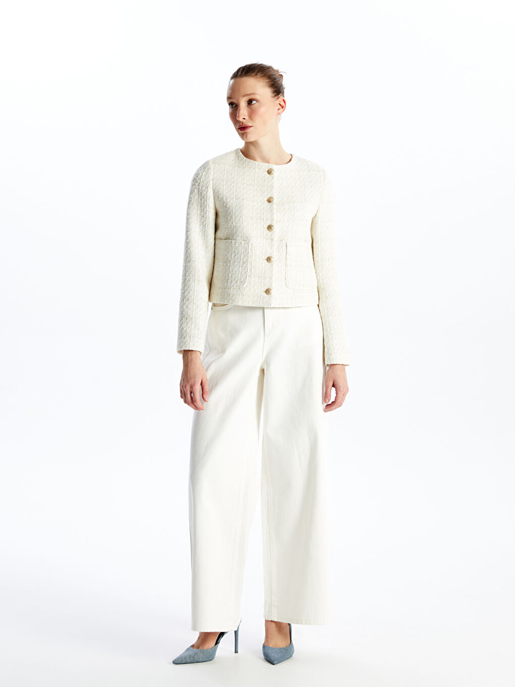 Ekru Bisiklet Yaka Düz Uzun Kollu Kadın Tüvit Ceket-3