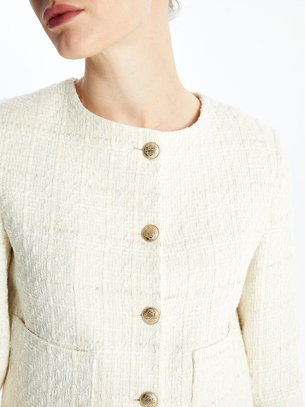 Ekru Bisiklet Yaka Düz Uzun Kollu Kadın Tüvit Ceket-4