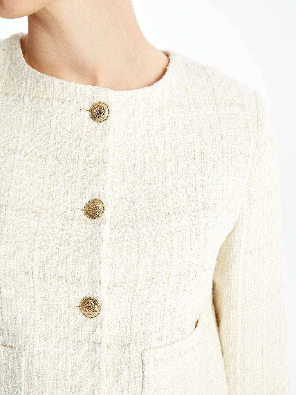 Ekru Bisiklet Yaka Düz Uzun Kollu Kadın Tüvit Ceket-5