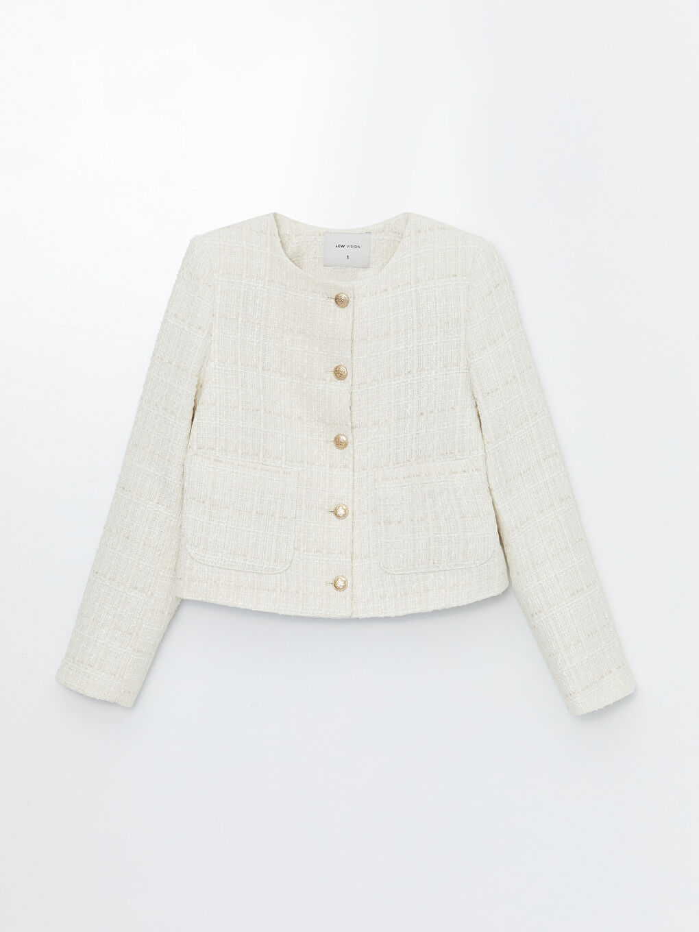 Ekru Bisiklet Yaka Düz Uzun Kollu Kadın Tüvit Ceket-7