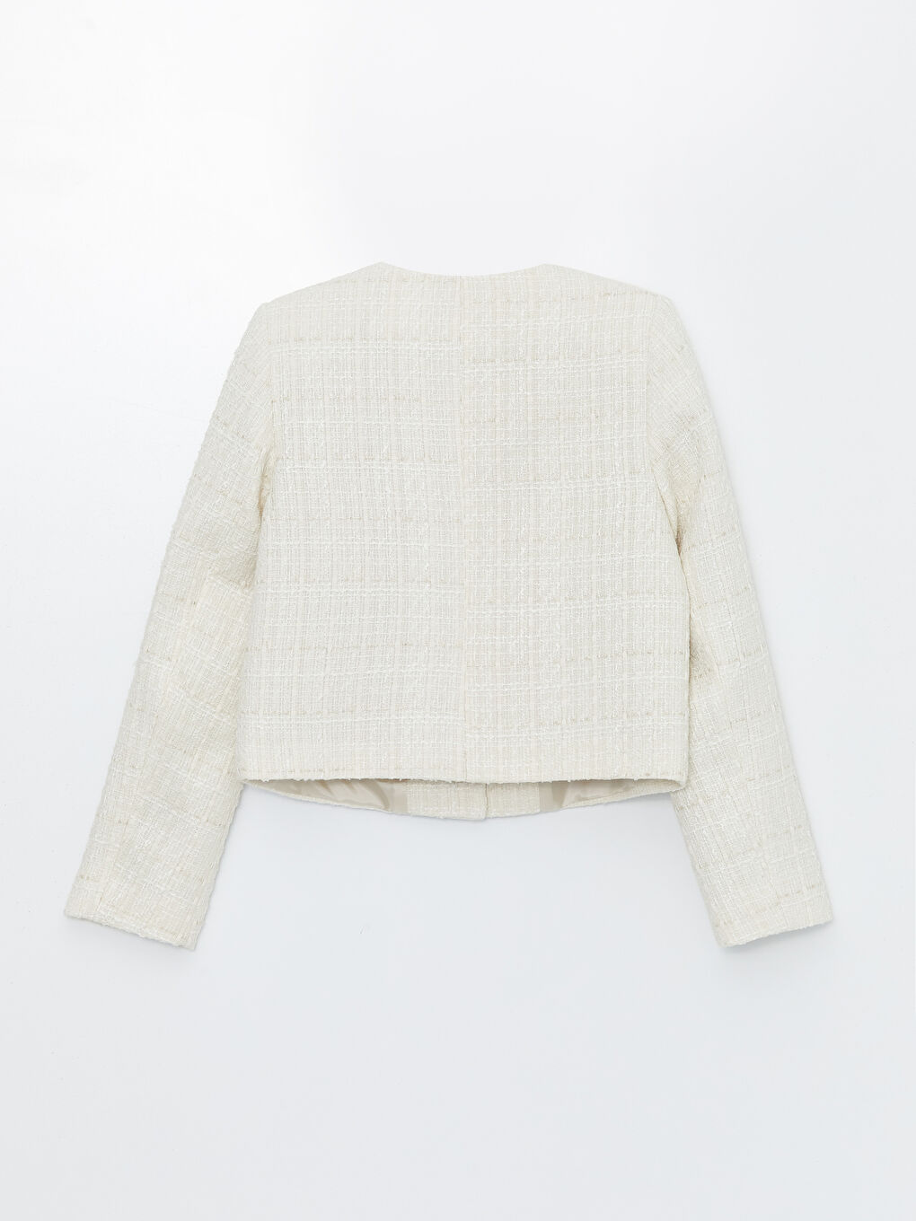 Ekru Bisiklet Yaka Düz Uzun Kollu Kadın Tüvit Ceket-8