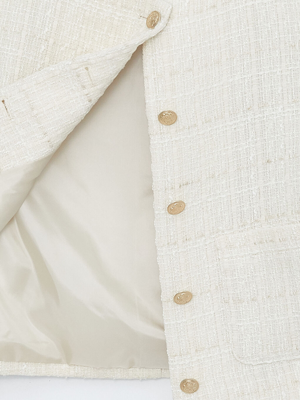 Ekru Bisiklet Yaka Düz Uzun Kollu Kadın Tüvit Ceket-9