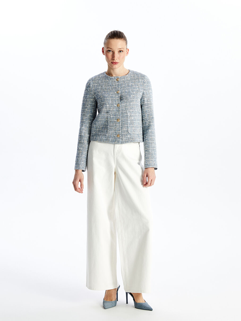 Mavi Bisiklet Yaka Düz Uzun Kollu Kadın Tüvit Ceket-2