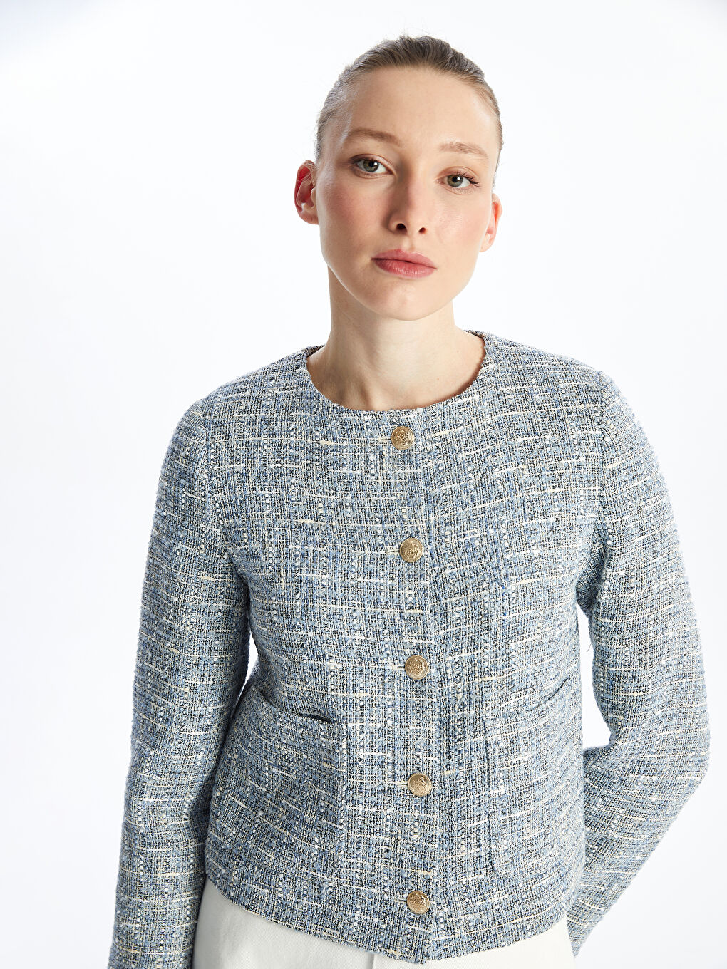 Mavi Bisiklet Yaka Düz Uzun Kollu Kadın Tüvit Ceket-3