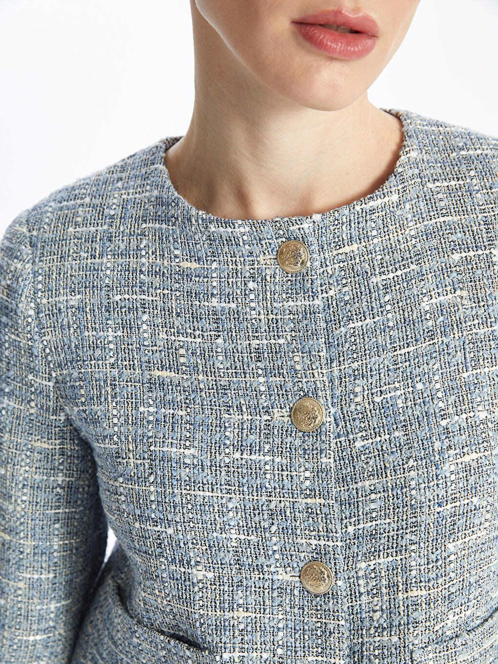 Mavi Bisiklet Yaka Düz Uzun Kollu Kadın Tüvit Ceket-4