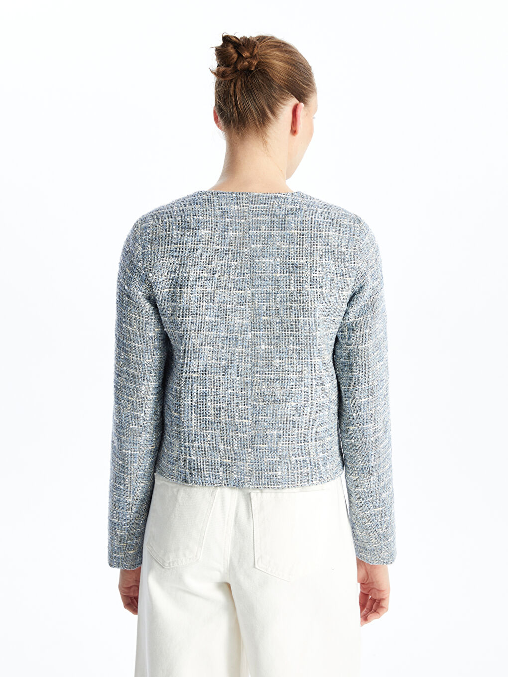 Mavi Bisiklet Yaka Düz Uzun Kollu Kadın Tüvit Ceket-5