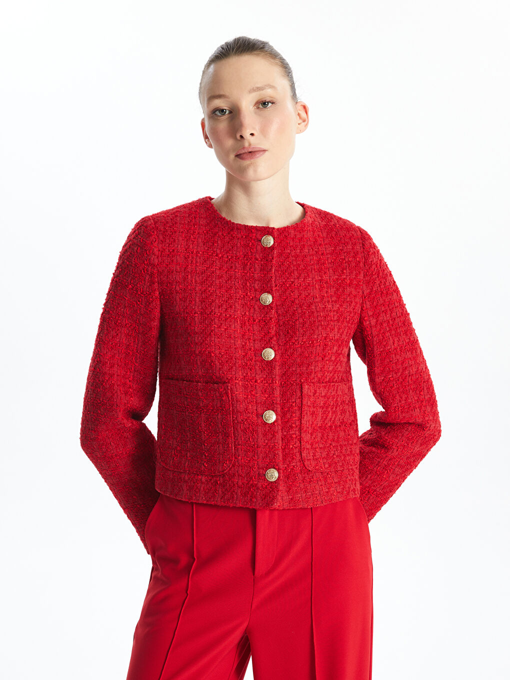 Kırmızı Bisiklet Yaka Düz Uzun Kollu Kadın Tüvit Ceket-1