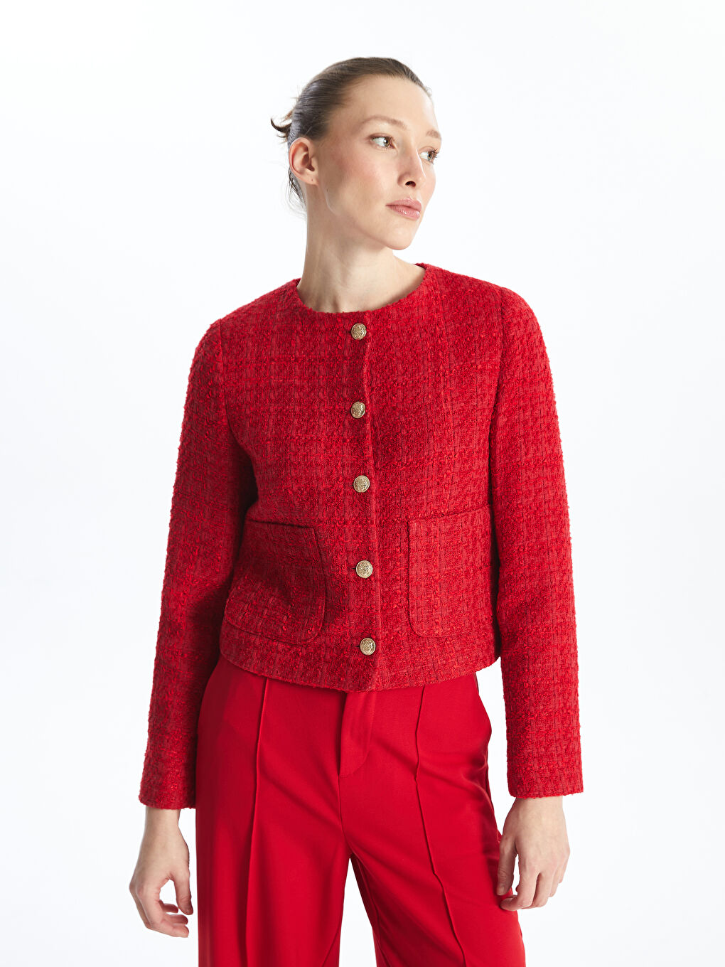 Kırmızı Bisiklet Yaka Düz Uzun Kollu Kadın Tüvit Ceket-2