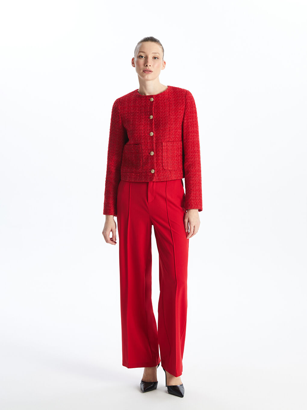 Kırmızı Bisiklet Yaka Düz Uzun Kollu Kadın Tüvit Ceket-3