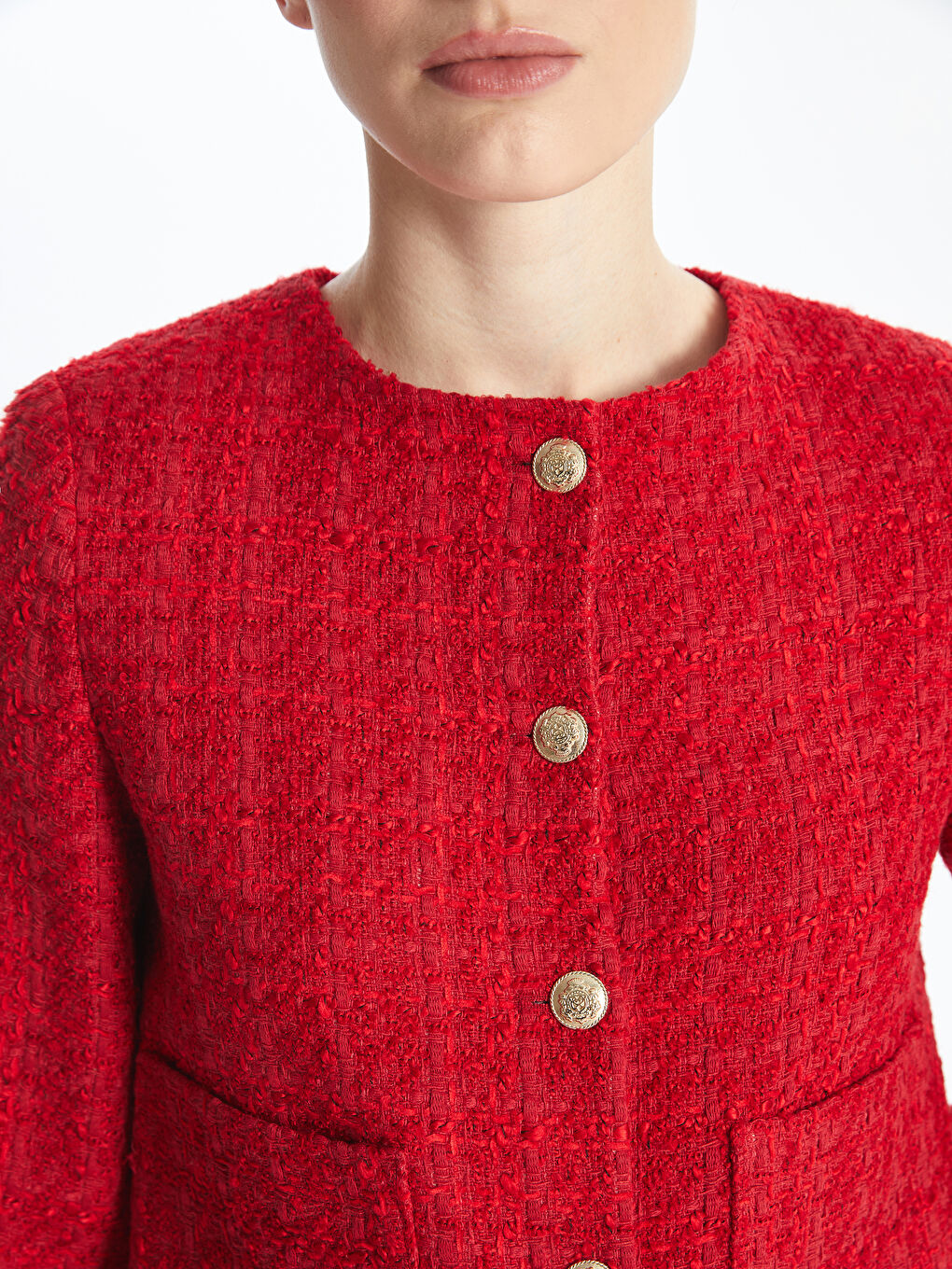 Kırmızı Bisiklet Yaka Düz Uzun Kollu Kadın Tüvit Ceket-4
