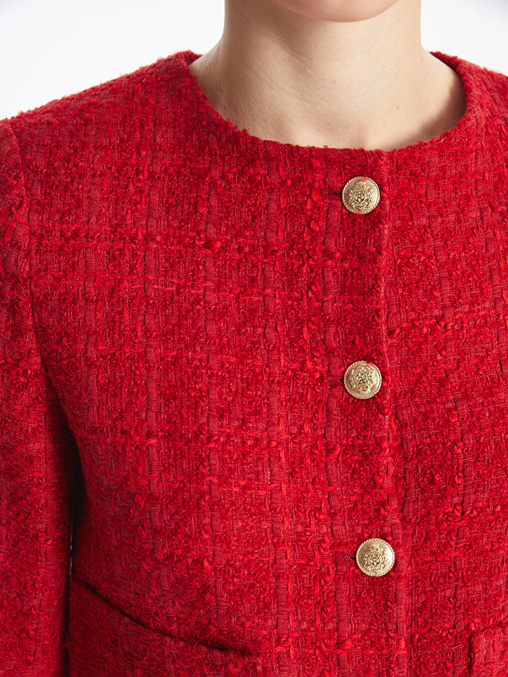 Kırmızı Bisiklet Yaka Düz Uzun Kollu Kadın Tüvit Ceket-5