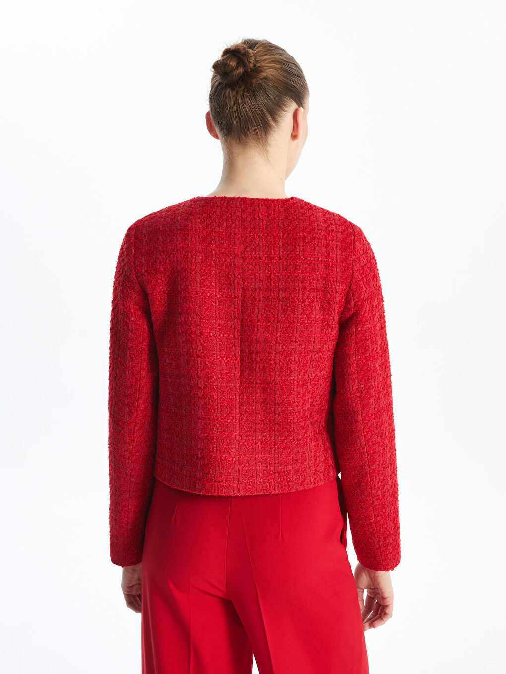 Kırmızı Bisiklet Yaka Düz Uzun Kollu Kadın Tüvit Ceket-6