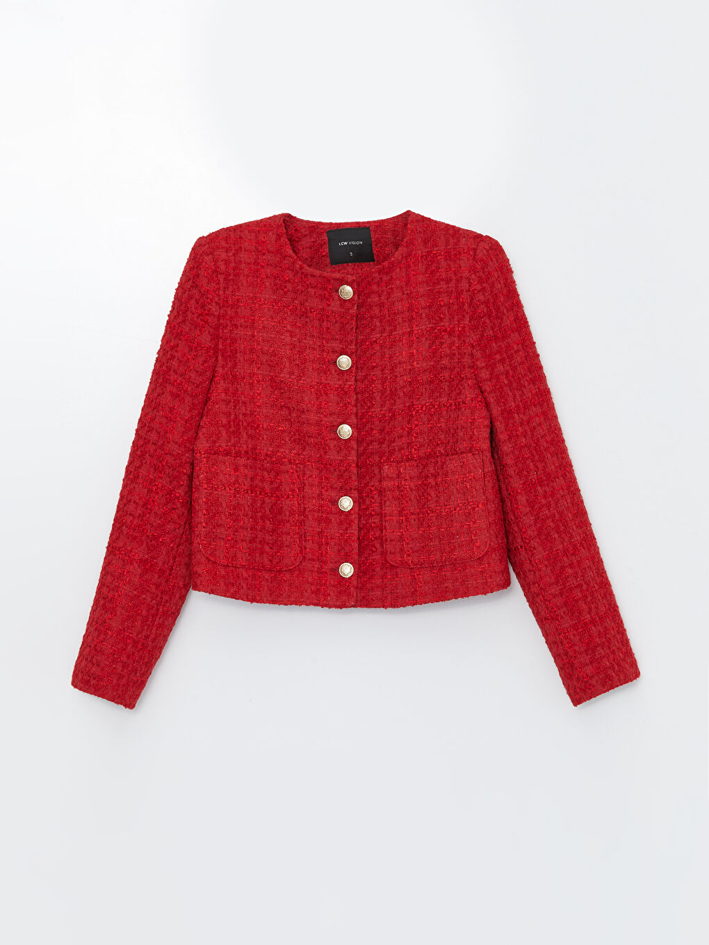 Kırmızı Bisiklet Yaka Düz Uzun Kollu Kadın Tüvit Ceket-7