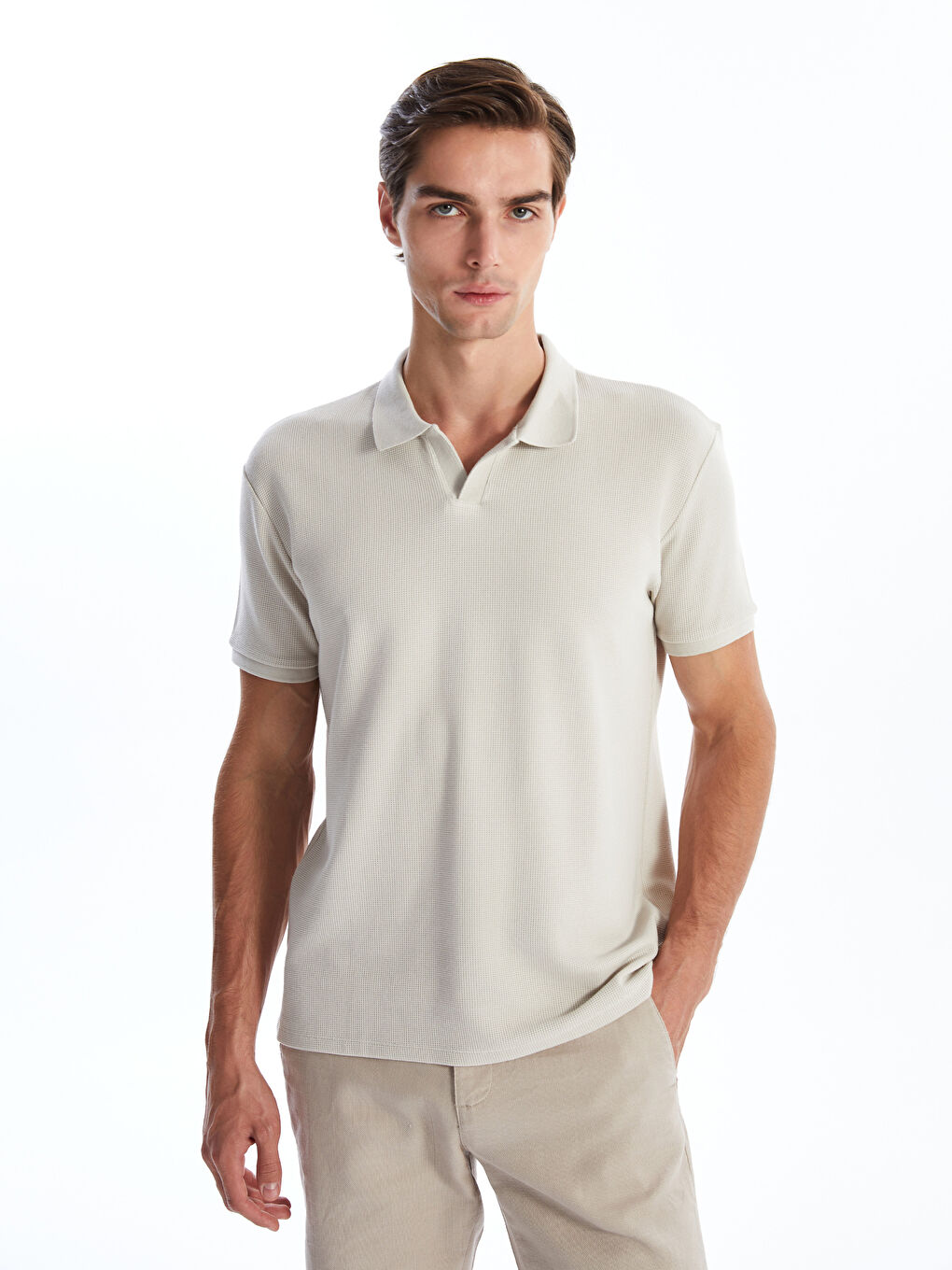 Polo Neck Short Sleeve Combed Cotton Men's Textured T-Shirt -S4JA15Z8-YCK